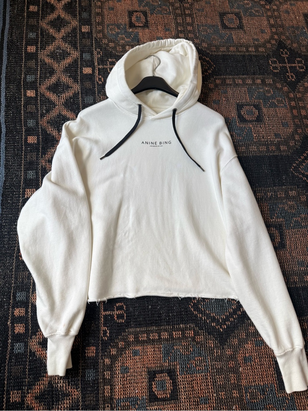 Anine Bing Cream Hooded Sweatshirt with Black Drawstrings
